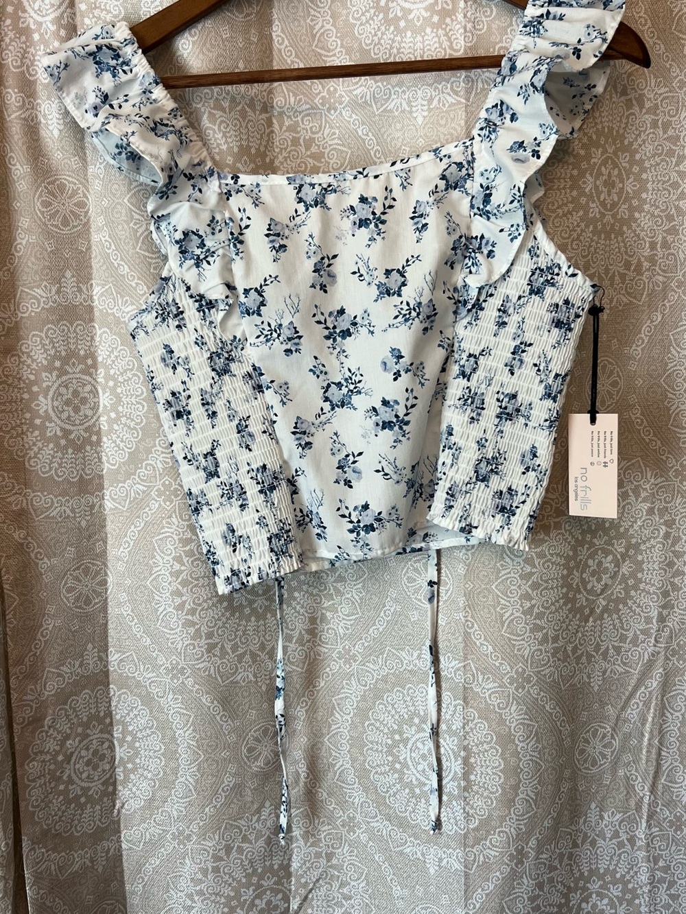 Blue Floral Ruffle-Strap Smocked Crop Top